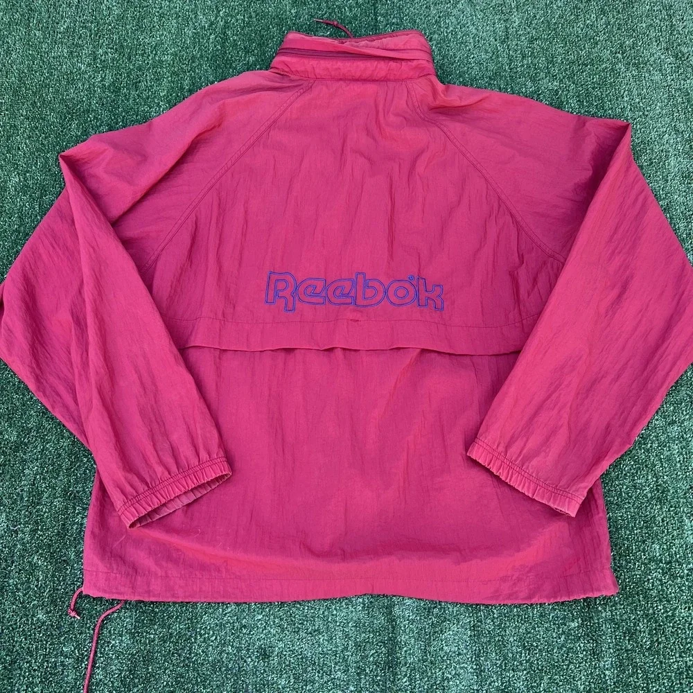 Vintage Reebok Windbreaker Men XL Burgundy Blue Nylon Hooded Boxy Sportswear 90s